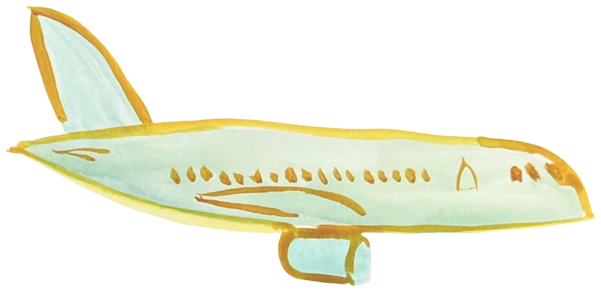 Watercolor of an airplane in flight, painted by Victoria