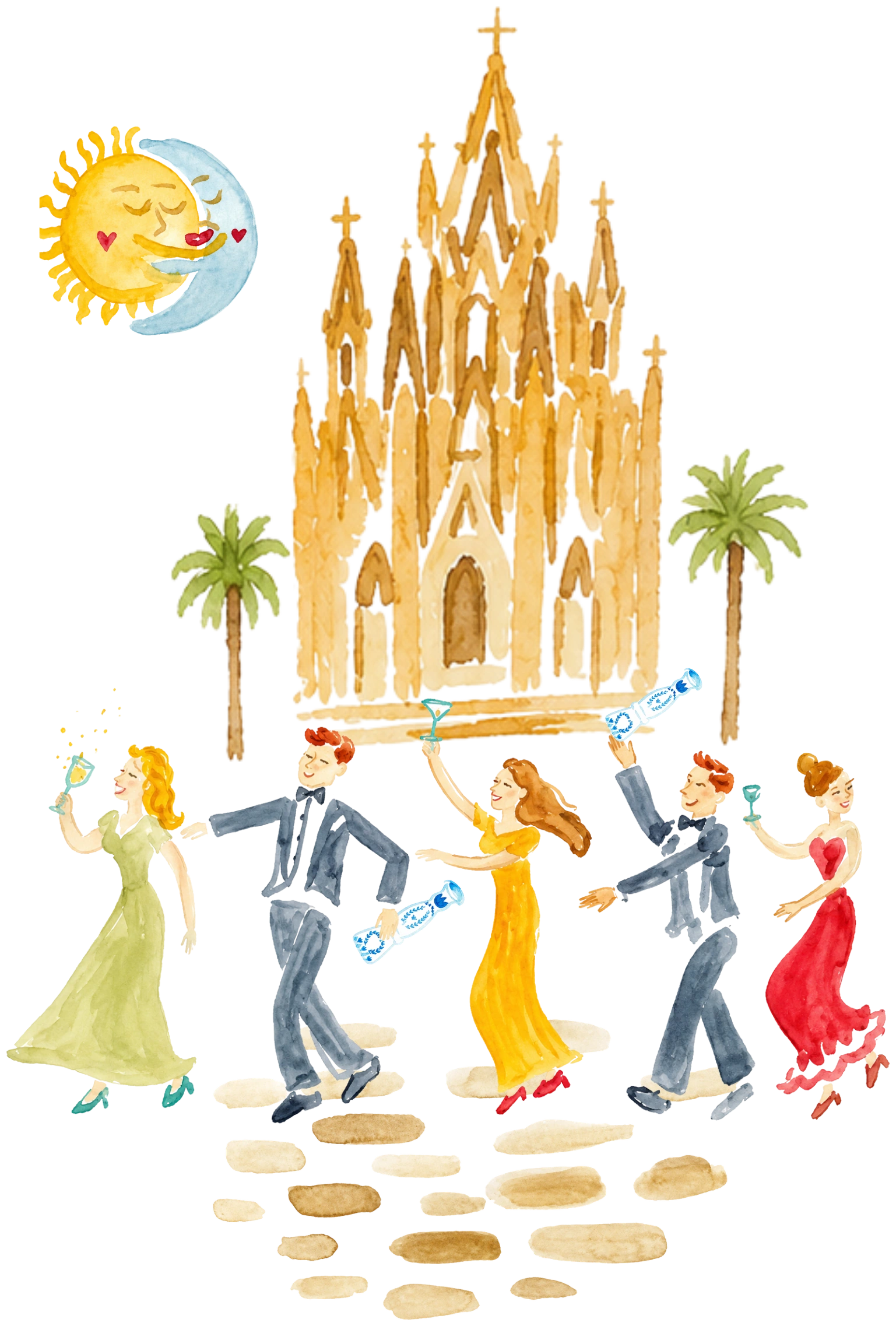 Watercolor of guests dancing in a garden, the Parroquia behind them