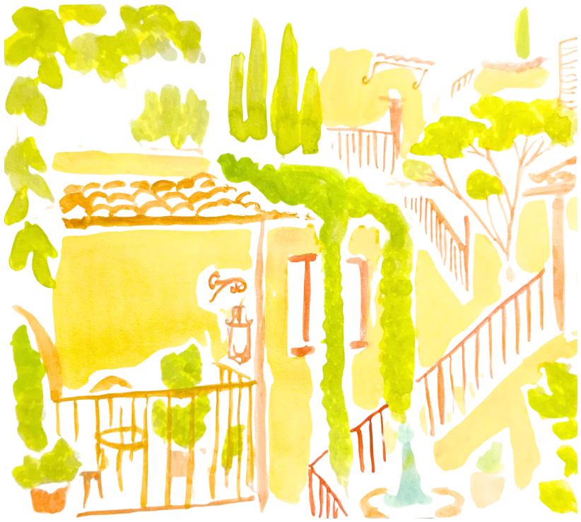 Watercolor of Hotel Bonito, golden terraces and greenery