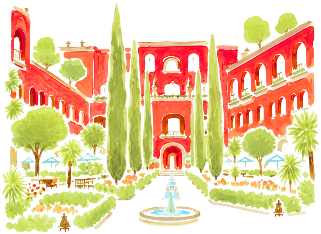 Watercolor of the Rosewood San Miguel courtyard, red arches and fountain