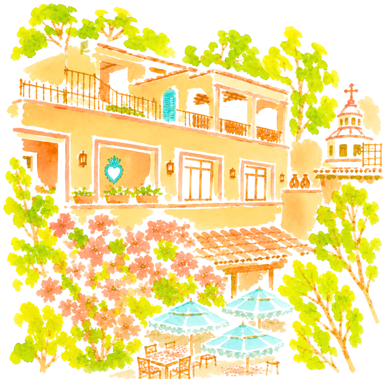 Watercolor of Hacienda el Santuario, arched terrace with cafe umbrellas